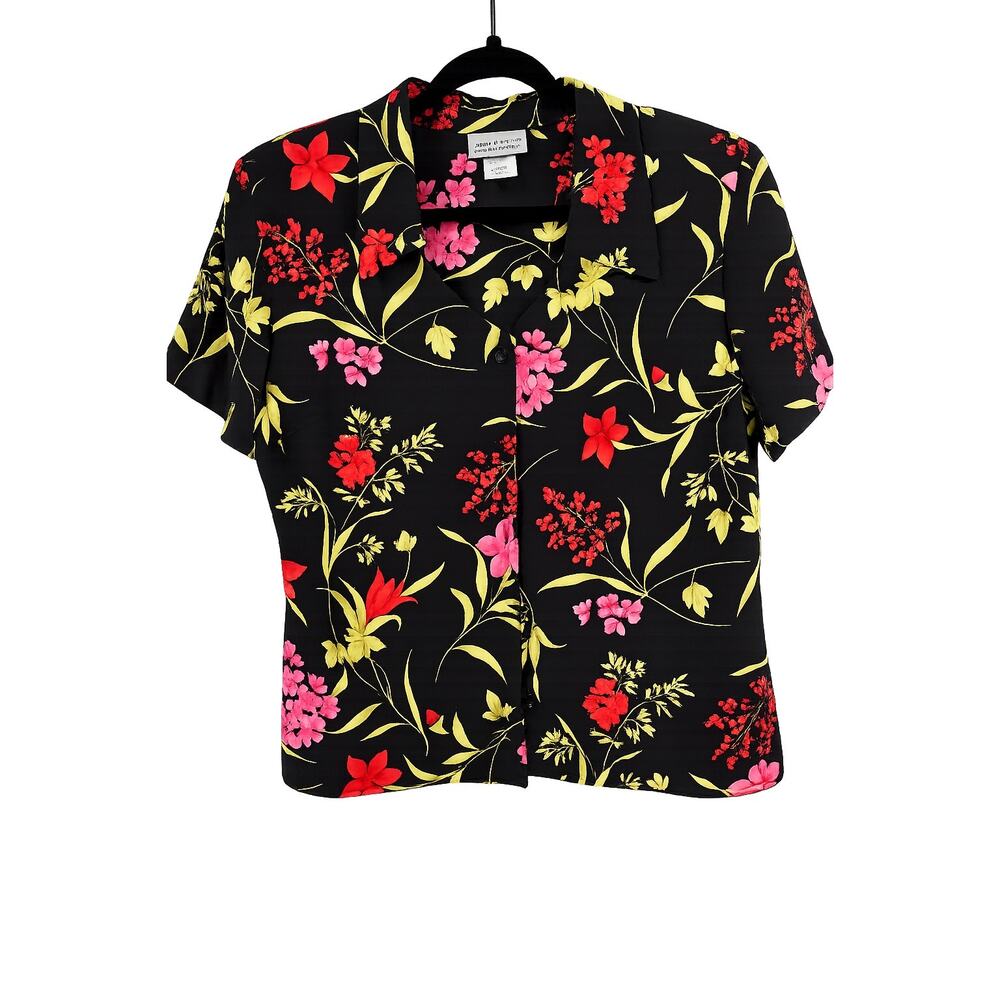 Jaclyn Smith Collectibles Dark Floral Retro Button Up Blouse Medium Made Canada